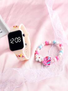 2 款女孩款独角兽蝴蝶美人鱼时尚百搭儿童手表。适合学生时尚学习用品。方形 LED 手表，价格实惠，适合返校季。手链式数字电子手表和串珠独角兽蝴蝶美人鱼手链。 - 白色 - 查看 3