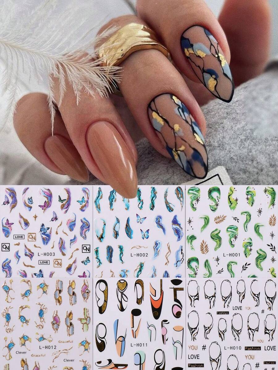 6入組大理石花紋法式閃爍美甲貼紙套裝 - 彩色 - 查看 1