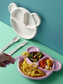 1set Baby Feeding Utensils Set, Including Spoon, Fork, And Plate - Pink - View 7