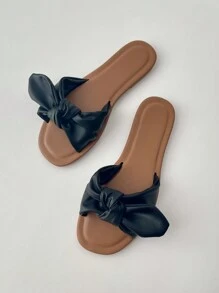 女士平底蝴蝶结凉鞋，个性化时尚复古度假外穿通勤简约皮革穆勒拖鞋 - 棕色 - 查看 7