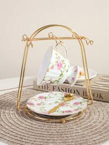 1 件带花卉图案的陶瓷咖啡杯和碟；适合俱乐部、咖啡厅、办公室和家庭使用 - 白色 - 查看 5