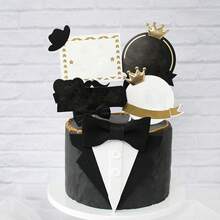1set/4pcs Cake Decoration, Eva Sponge Suit & Bow Tie Shaped Cake Toppers, Birthday Cake Insertion Card - Black and White - View 5