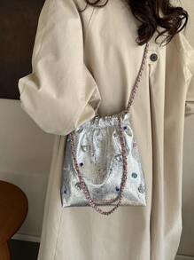 Fashion Silver Rhinestone Decor Drawstring Design Shoulder Bag - Silver - View 1