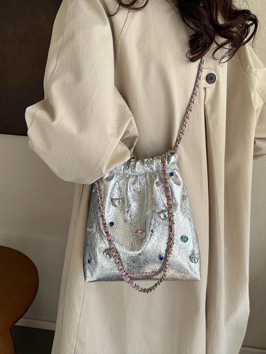 Fashion Silver Rhinestone Decor Drawstring Design Shoulder Bag - Silver - View 1