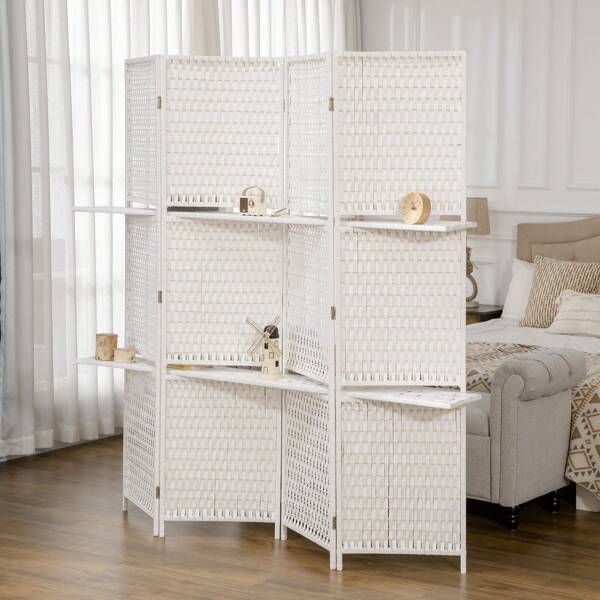 HOMCOM HOMCOM Paravent intérieur 4 panneaux 181L x 180H cm 2 étagères pliables séparateur de pièce bois de pin bambou fibres de papier tressée blanc paille