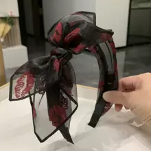 Korean Style Bowknot Headband With Teeth & Anti-Slip Design, Simple Wide Hair Accessories, Mesh & Lace Headpiece For Girls - Red - View 1