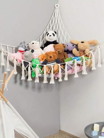 1 件波西米亚风毛绒动物玩具吊床花边大号角网玩具收纳挂墙玩具收纳架适用于卧室装饰，奶油色（不含灯串）39.4 英寸 X 39.4 英寸 X 59 英寸