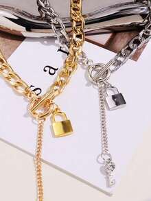 1個金屬厚鏈鎖和鑰匙形吊墜項鍊,搭配朋克鍊條,幾何ot扣,創意簡約的日常配件,送給女性的情人節禮物,適用於聚會和宴會 - A - 查看 5