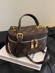 迷你時尚優雅 Pvc 撞色字母圖案復古手提包女式老花眼鏡 - 咖啡棕 - 查看 5