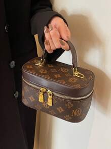 迷你時尚優雅 Pvc 撞色字母圖案復古手提包女式老花眼鏡 - 咖啡棕 - 查看 1