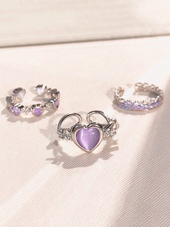 17KM Set de 3 anillos abiertos con forma de corazón, piedras de imitación y diseño de ojos de gato, de ajuste adaptable, perfecto como regalo para fiestas y citas, estilo Y2K para San Valentín
