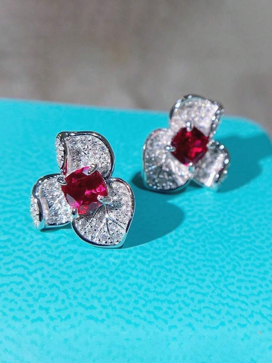 1對可愛的方形氧化鋯花朵耳針,適用於女士婚禮、派對、訂婚、周年紀念日珠寶及情人節禮物 - 1# - 查看 1