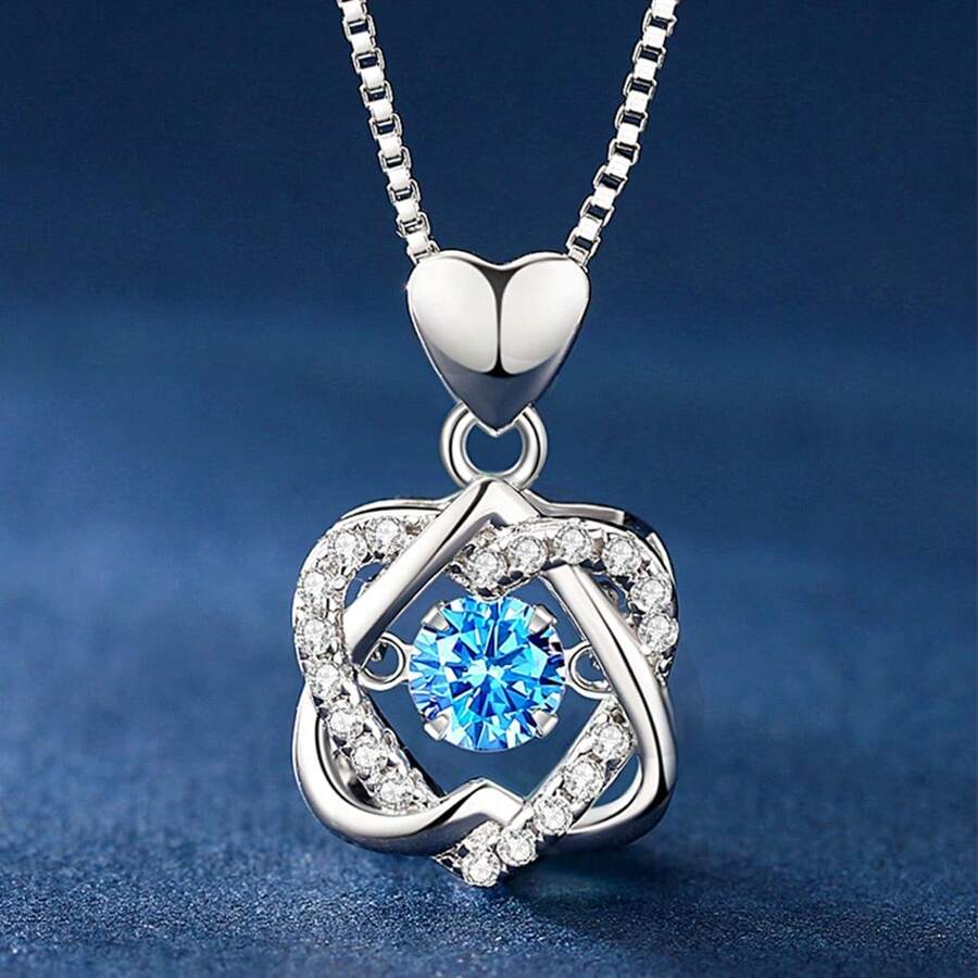 1 件優雅 S925 銀合成立方氧化鋯海洋心形吊墜項鍊,送給妻子或女朋友的完美情人節禮物 - 白金藍鋯 - 查看 1