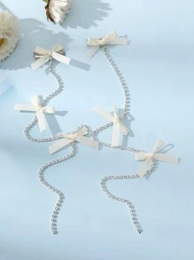 2pcs Ballet Style Butterfly & Rhinestone Ribbon Braided Hair Clip - Beige - View 1