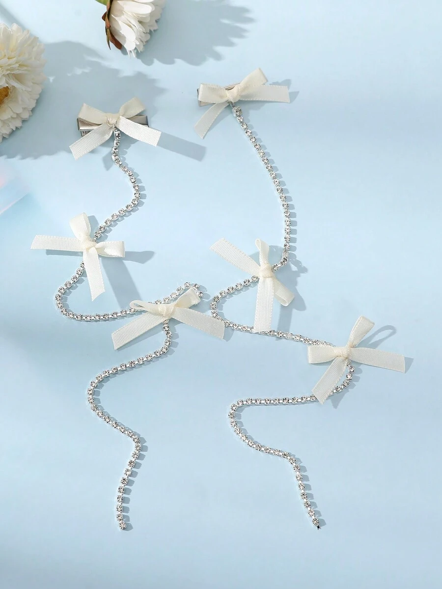 2pcs Ballet Style Butterfly & Rhinestone Ribbon Braided Hair Clip - Beige - View 1