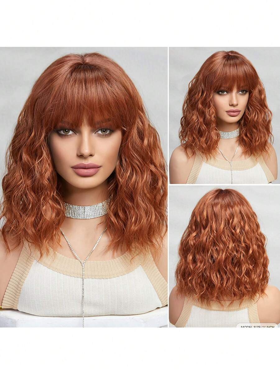 14吋短鬆綁波浪捲曲假髮合成齊瀏海齊劉海女人假髮女孩假髮度假派對假髮日常穿著假髮 - 銅色 - 查看 1