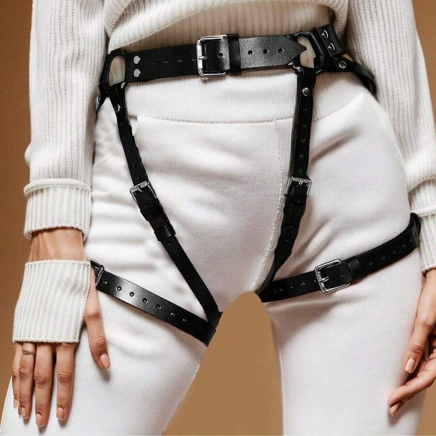 Gothic Women Leg Harness PU Leather Lingerie Body Bondage Suspenders Garter Belt Strap Adjustable - Black - View 1