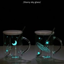Night Light Heat-Resistant Glass Mug With Handle, Featuring Starry Sky Pattern, Suitable For Office Use, For Both Men And Women, Ideal For Drinking Water, Tea, And Coffee. Transparent Design, Comes With Lid And Spoon - Moon - View 6