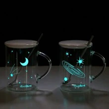 Night Light Heat-Resistant Glass Mug With Handle, Featuring Starry Sky Pattern, Suitable For Office Use, For Both Men And Women, Ideal For Drinking Water, Tea, And Coffee. Transparent Design, Comes With Lid And Spoon - Moon - View 1