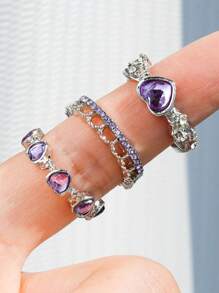 17KM Bộ 3 nhẫn hở đá mắt mèo hình trái tim đơn giản thời trang có thể điều chỉnh kích thước, món quà hoàn hảo cho các bữa tiệc và ngày hẹn hò, ngày lễ tình nhân Y2K - Màu tím - Xem 2