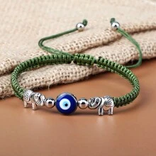 1 pieza Brazalete trenzado vintage con cuentas de ojo turco azul, hilo de nailon, dije de aleación con elefante, joya de pulsera y brazalete de pareja