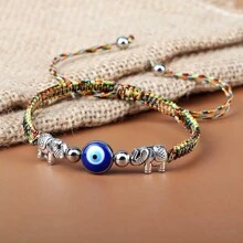 1 pieza Brazalete trenzado vintage con cuentas de ojo turco azul, hilo de nailon, dije de aleación con elefante, joya de pulsera y brazalete de pareja
