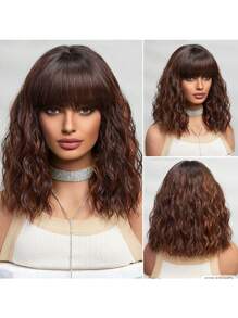 14英寸短鬆綁波浪捲髮假髮,合成劉海假髮,合成編織女士假髮,女孩假髮,假日派對假髮,日常穿著假髮。 - 咖啡棕 - 查看 1