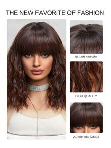 14英寸短鬆綁波浪捲髮假髮,合成劉海假髮,合成編織女士假髮,女孩假髮,假日派對假髮,日常穿著假髮。 - 咖啡棕 - 查看 7