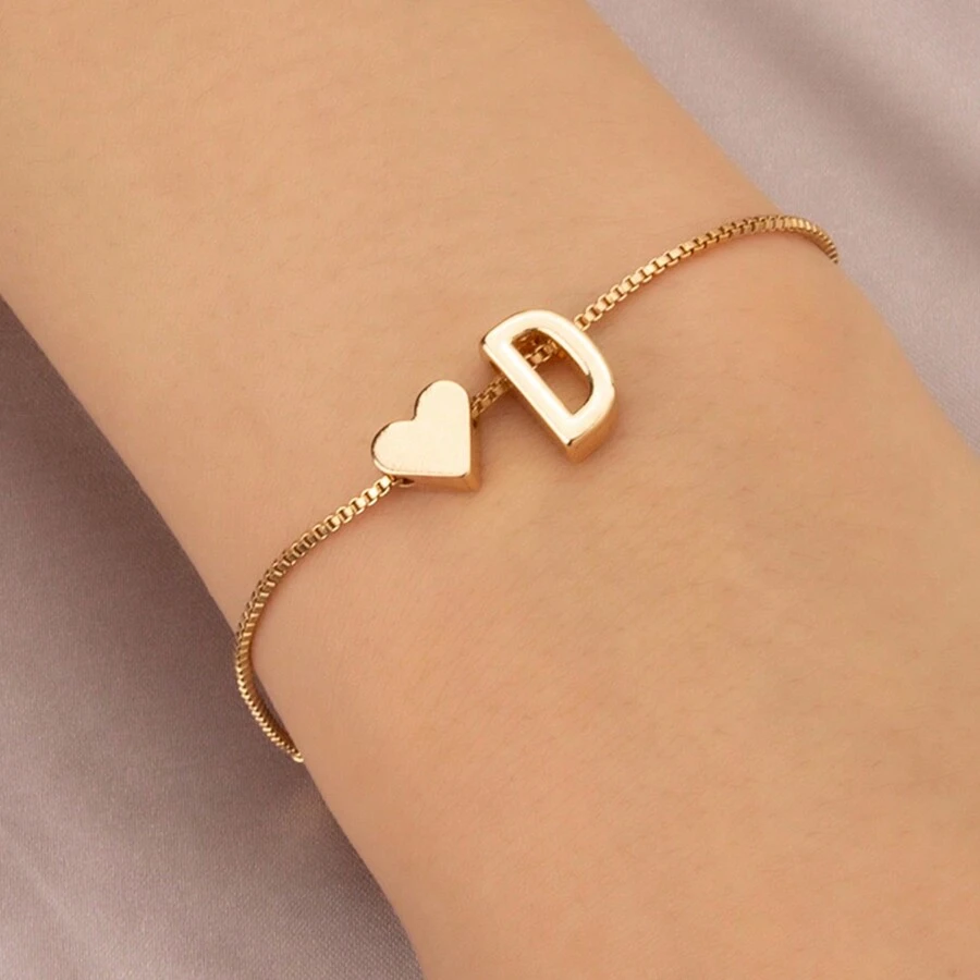 字母迷你愛心細鏈手鐲,簡約時尚手鏈飾品送禮生日禮物 - D - 查看 1