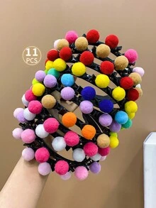 11pcs Kids' Hair Accessories Colorful Pom Pom Ball Cute Hair Clips & Headbands & Hair Ties For Braids And Twists - Multicolor - View 4