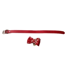 可調整2入組寵物風格頭巾領巾,配鈴鐺和帶蝴蝶結的pu皮革項圈,為財富豐盈祈福 - 紅色 - 查看 4