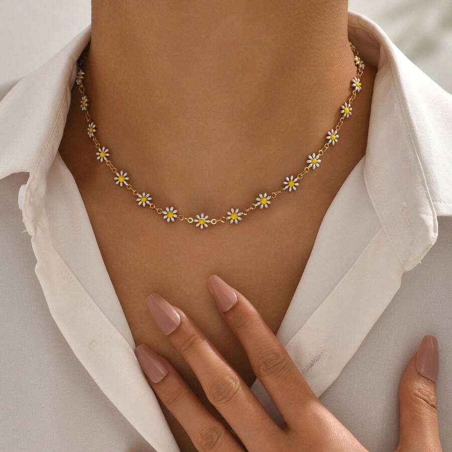雛菊項鍊（女款）,歐美時尚非凡油滴不鏽鋼珠寶,精緻花環項鍊,高端感 - 小皺菊項鍊 - 查看 1