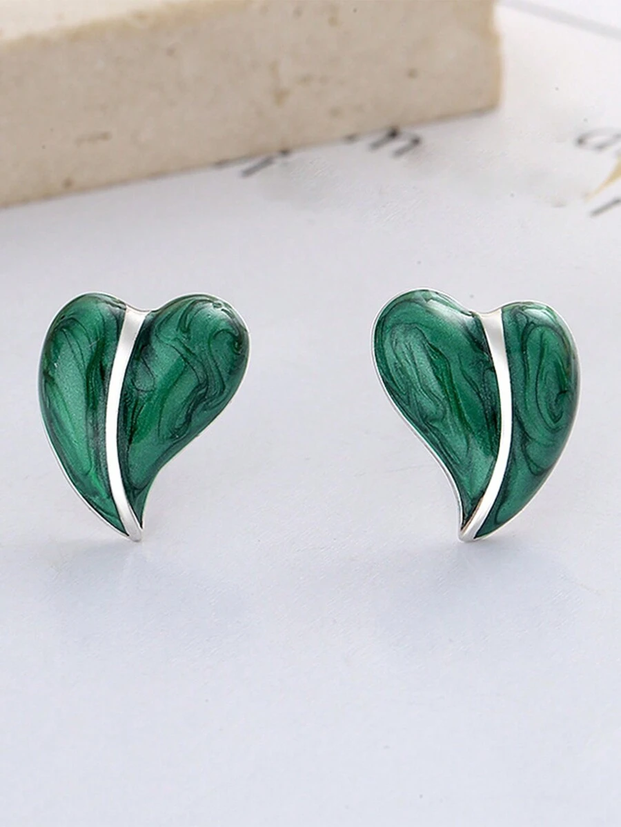 925純銀時尚3d心形耳釘（綠銹填充效果）,男女兼用日常佩戴風格 - YW1548 - 查看 1