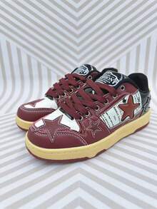 星星圖案酒紅色運動鞋,中性設計,美國小批量原創時尚休閒情侶運動鞋 - 酒紅色 - 查看 3