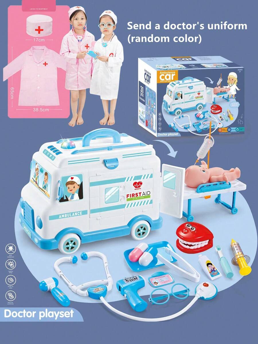 兒童救護車醫生假扮玩具套裝,包括醫生制服、醫療設備、聽筒和注射器,適用於男孩和女孩的角色扮演 - 救護車醫具套裝(藍色)+醫生服 - 查看 1