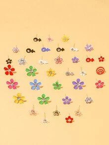 36pairs/Set European And American Style Flower Shaped Drop Oil & Rhinestone Decor Earrings In Random Color For Daily Wear - Multicolor - View 3