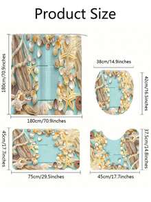 4入組創意貝殼印花淋浴簾,防水淋浴簾,12掛勾,浴室地墊,u型馬桶墊,馬桶蓋墊 ,浴室裝飾,淋浴簾套裝