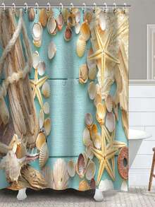 4入組創意貝殼印花淋浴簾,防水淋浴簾,12掛勾,浴室地墊,u型馬桶墊,馬桶蓋墊 ,浴室裝飾,淋浴簾套裝