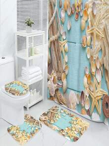 4入組創意貝殼印花淋浴簾,防水淋浴簾,12掛勾,浴室地墊,u型馬桶墊,馬桶蓋墊 ,浴室裝飾,淋浴簾套裝
