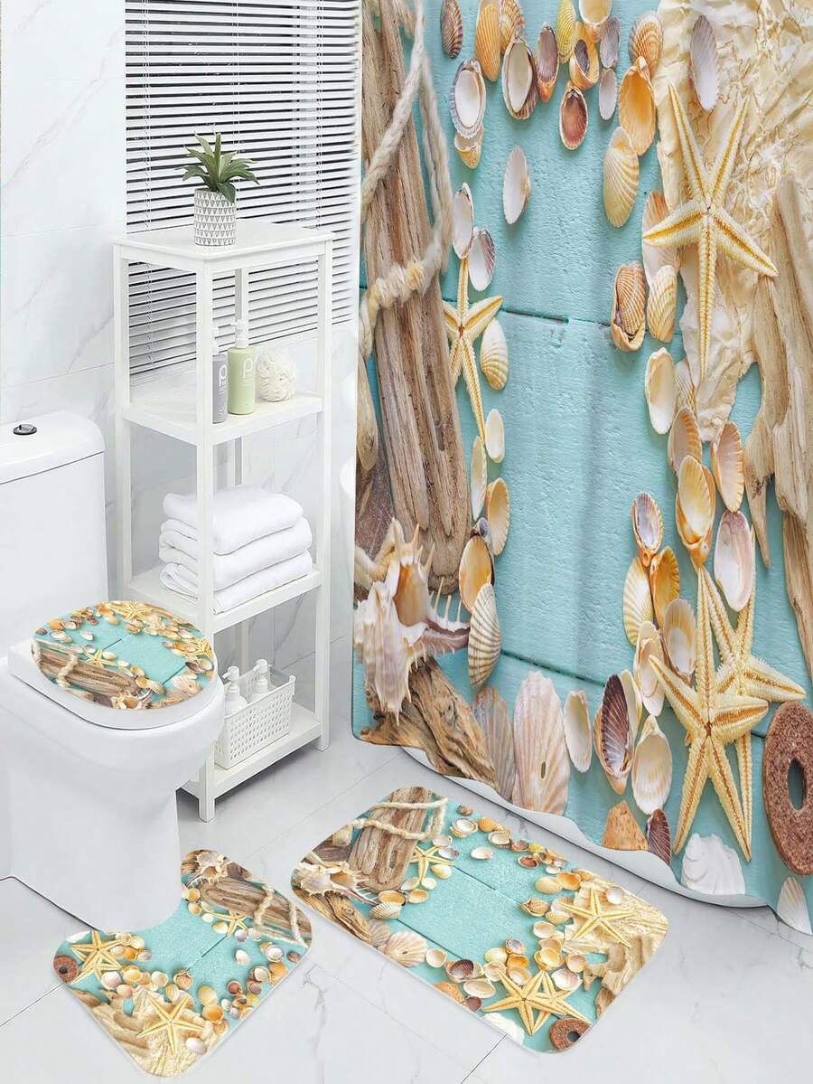 4入組創意貝殼印花淋浴簾,防水淋浴簾,12掛勾,浴室地墊,u型馬桶墊,馬桶蓋墊 ,浴室裝飾,淋浴簾套裝