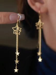 1 Pair Exquisite 925 Silver Star Earrings Long Chain Dangle Tassel Earrings Gold Plating Earrings For Women's Daily Wear Holiday