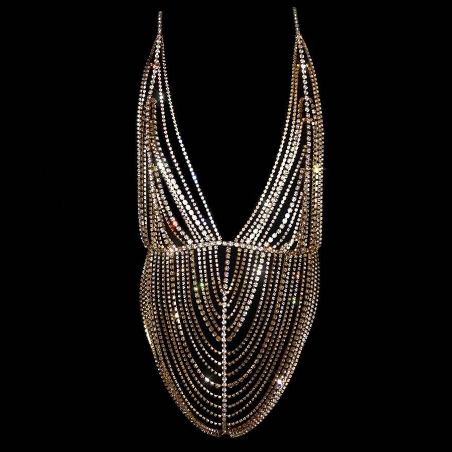 Underwear And Bra Set With Exaggerated Design, Diamond & Nightclub Accessories, Bejewelled Chain Bodysuit - Gold - View 1