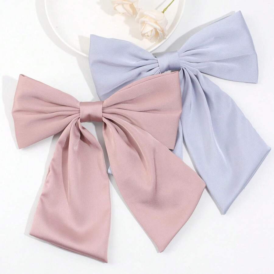 2pcs/Set (Blue & Pink) 10 Inch Big Satin Hair Bows With Long Silk Ribbon For Girls, French Style Hair Clip, Ideal For Bride And Wedding Event - Pink - View 1