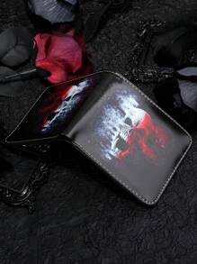 1 件黑色 PU 皮革骷髅压纹男士双折钱包，休闲男女通用信用卡夹，个性化短款零钱包 - 黑色 - 查看 5