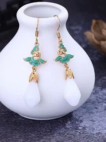 1對女士優雅可愛的花卉琺瑯勾式耳環,附翡翠,適合日常佩戴或送禮 - 小天鵝玉石耳環 - 查看 2