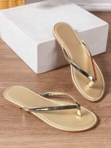 New Y2k Women's Flat Sandals, Fashionable Dopa Toe Separator Slippers, Lightweight Leisure Beach Shoes Size 43 - Gold - View 4