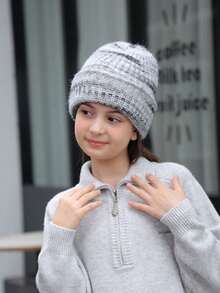 1 件女童韩版条纹撞色时尚针织帽，保暖防风，甜美可爱，百搭，适合日常穿着，秋冬升级版 - 灰色 - 查看 6