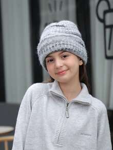 1 件女童韩版条纹撞色时尚针织帽，保暖防风，甜美可爱，百搭，适合日常穿着，秋冬升级版 - 灰色 - 查看 5