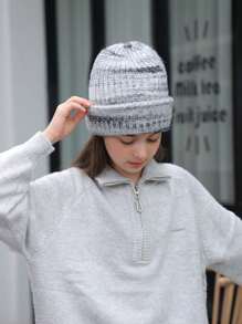 1 件女童韩版条纹撞色时尚针织帽，保暖防风，甜美可爱，百搭，适合日常穿着，秋冬升级版 - 灰色 - 查看 1