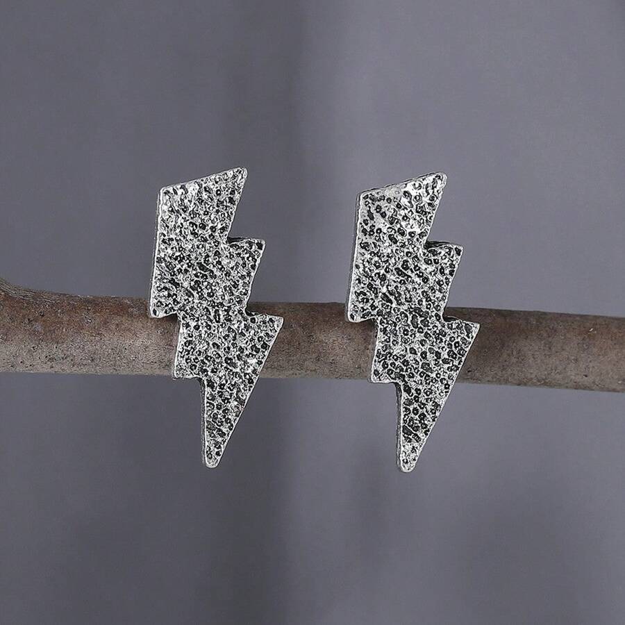 1對女式時尚復古閃電形耳環,仿舊質感,適合日常佩戴或節日裝扮 - 復古銀色 - 查看 1